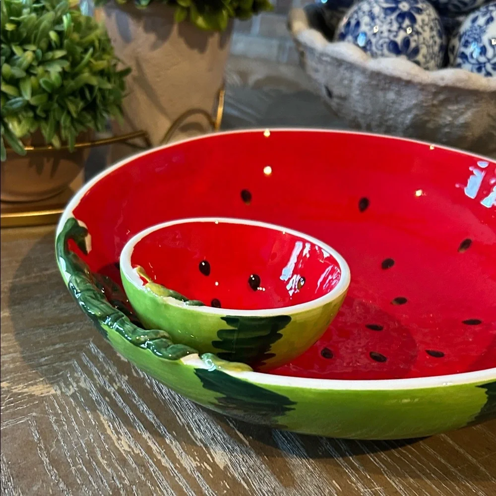 NEW! Ceramic Stoneware Vibrant Watermelon Chip & Dip Serving Fruit Bowl